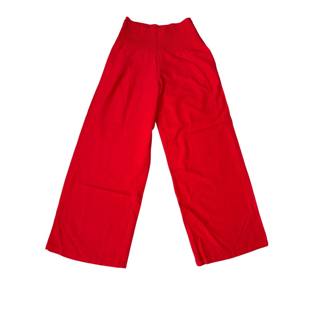 Chouyatou Red Wide‎ Leg Smocked High Waist Flax Cotton Pants M NWT Boho Festival